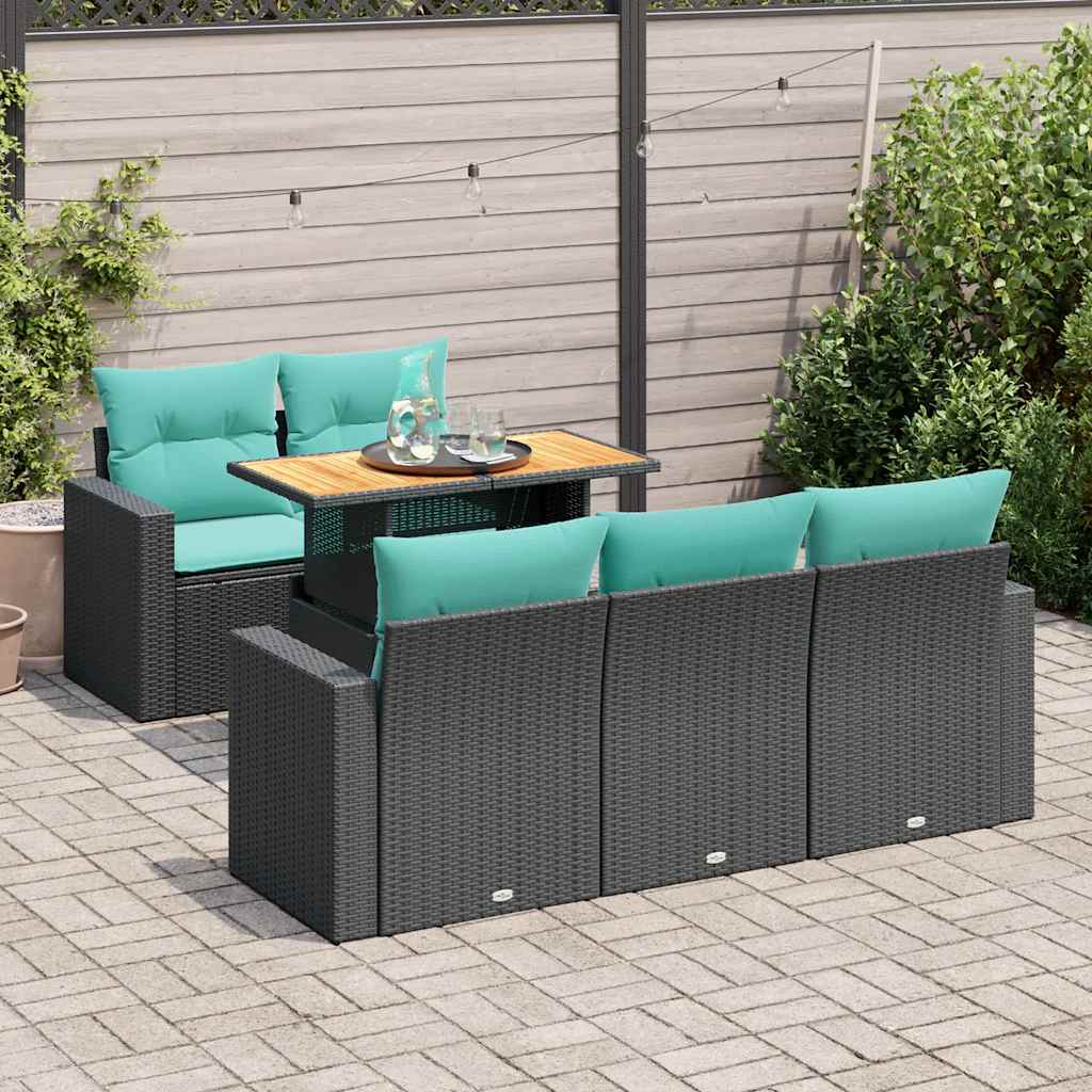 Salon de jardin 6 pcs avec coussins noir résine tressée