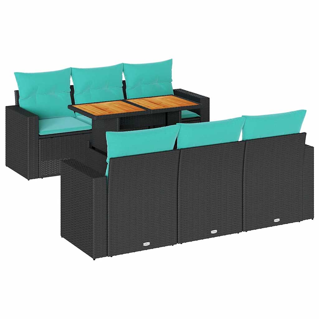 Salon de jardin 7 pcs avec coussins noir résine tressée
