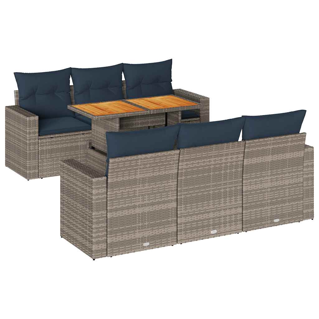 Salon de jardin avec coussins 7 pcs gris résine tressée