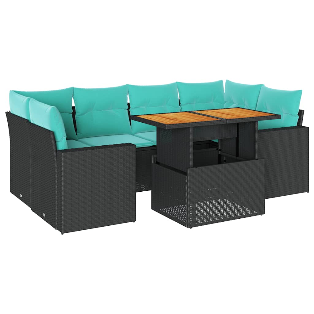 Salon de jardin 7 pcs avec coussins noir résine tressée