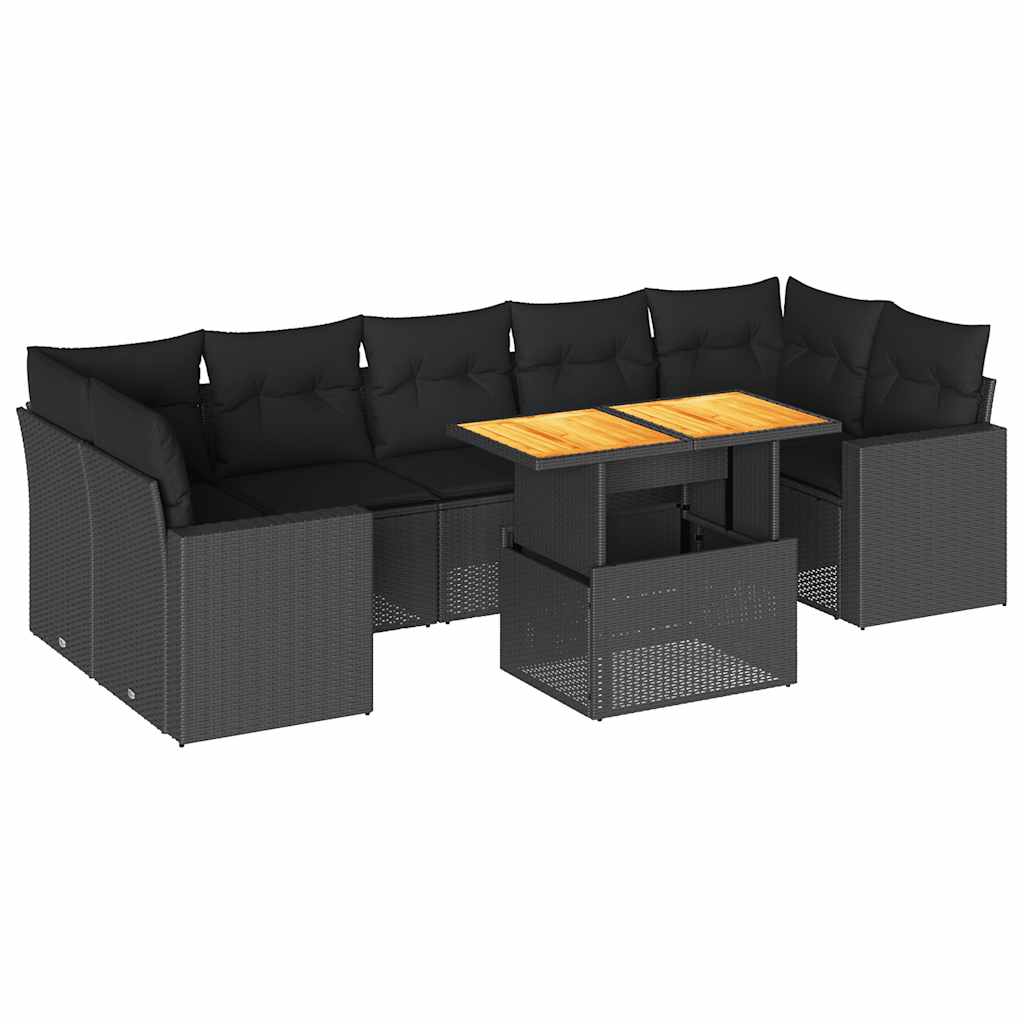 Salon de jardin 8 pcs avec coussins noir résine tressée