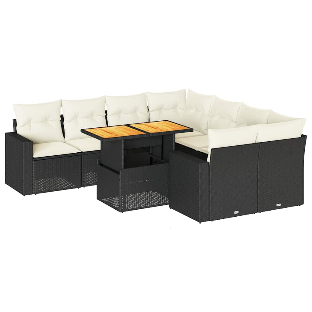 Salon de jardin 9 pcs avec coussins noir résine tressée