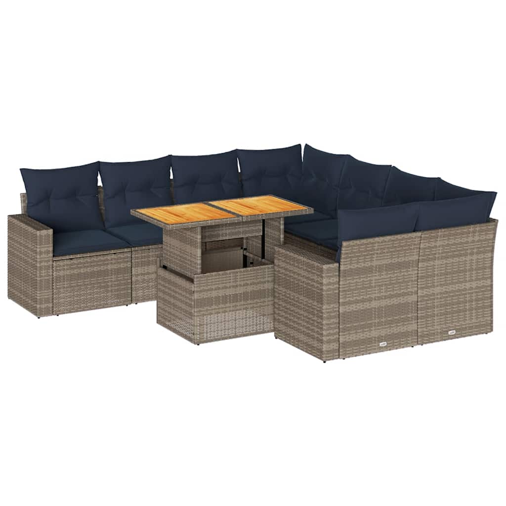 Salon de jardin 9 pcs avec coussins gris résine tressée