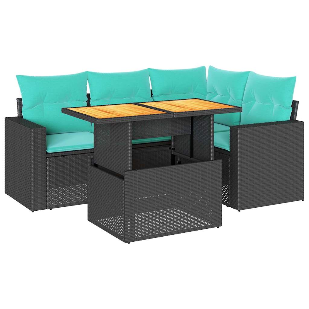 Salon de jardin 5 pcs avec coussins noir résine tressée