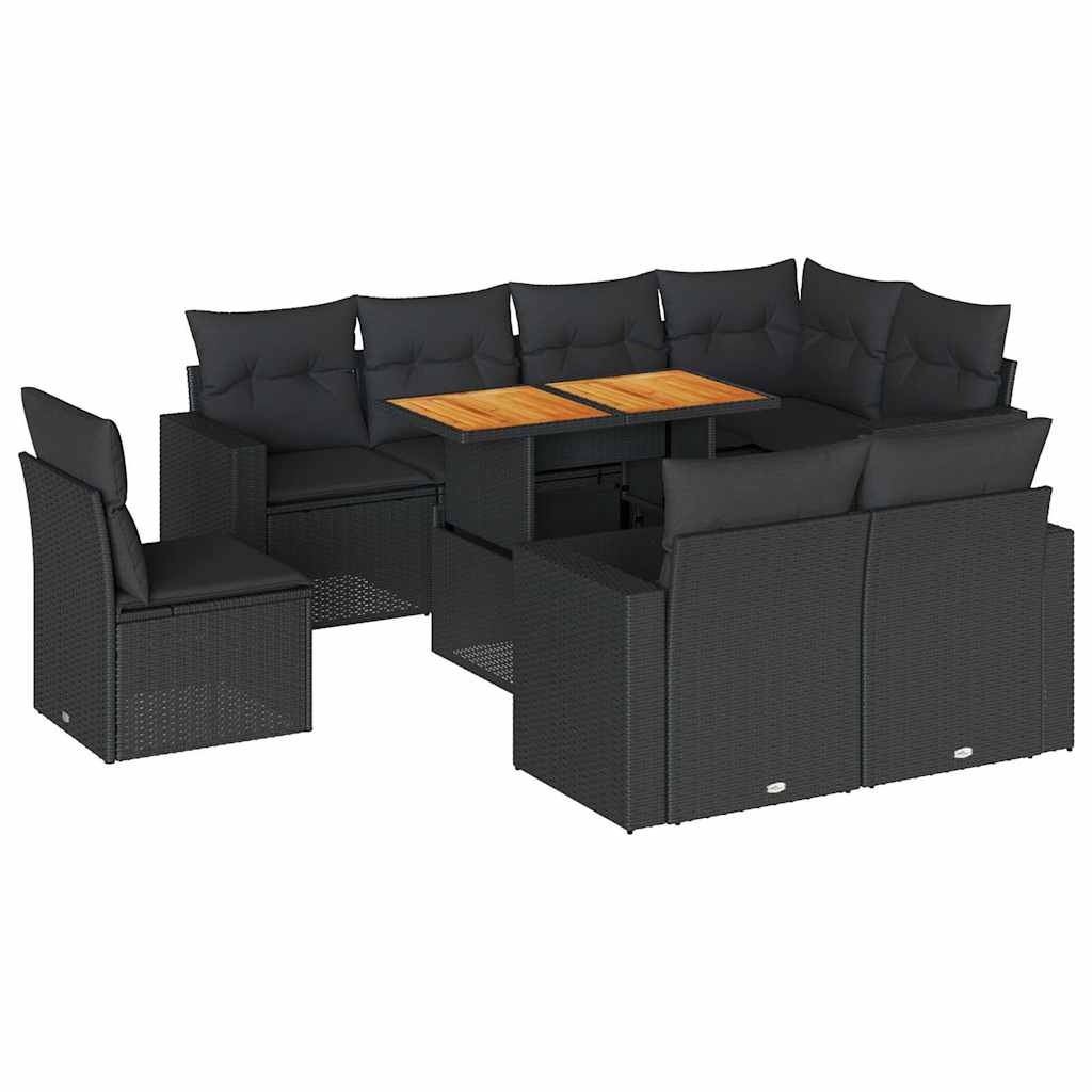 Salon de jardin 9 pcs avec coussins noir résine tressée