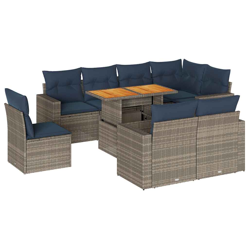 Salon de jardin 9 pcs avec coussins gris résine tressée
