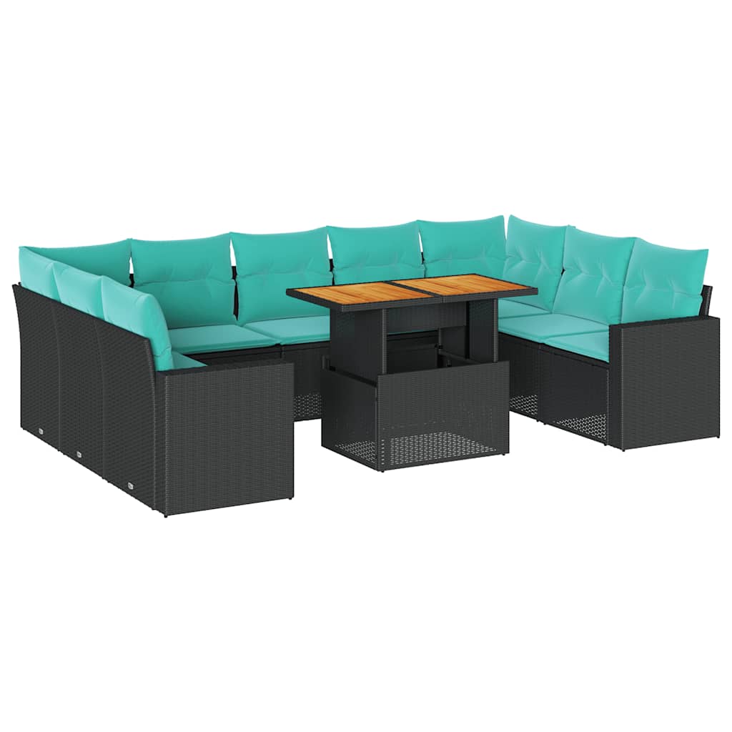 Salon de jardin 10 pcs avec coussins noir résine tressée