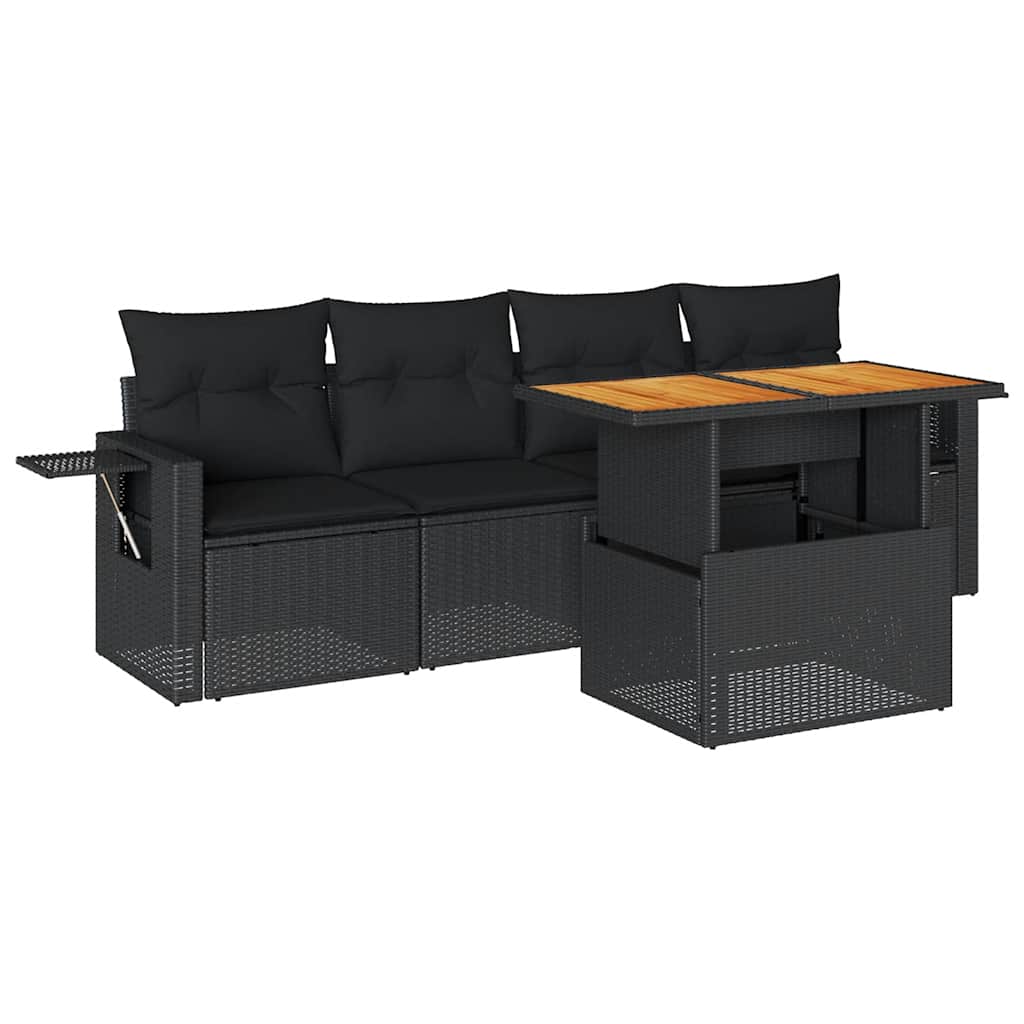 Salon de jardin 5 pcs avec coussins noir résine tressée