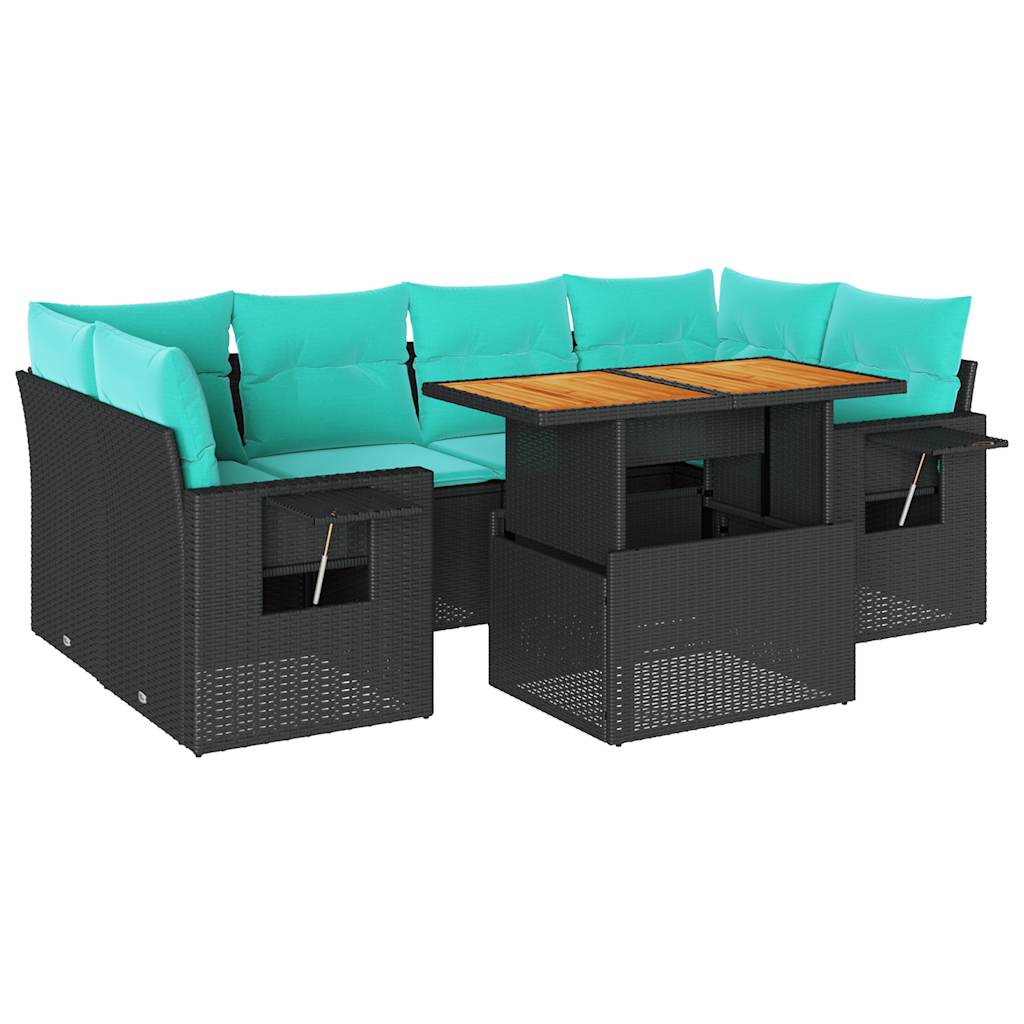Salon de jardin 7 pcs avec coussins noir résine tressée