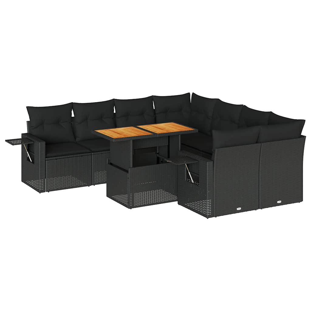 Salon de jardin 9 pcs avec coussins noir résine tressée
