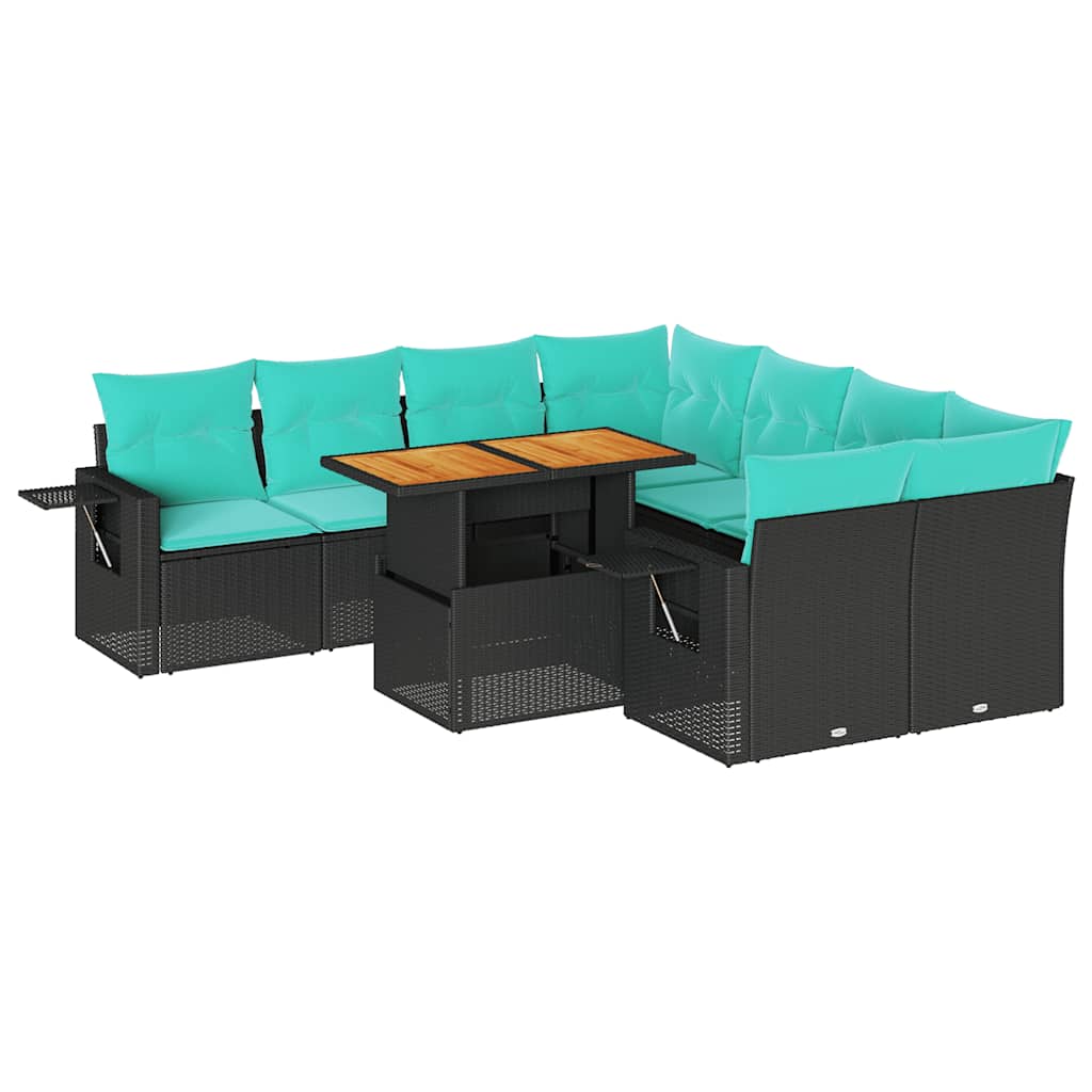 Salon de jardin 9 pcs avec coussins noir résine tressée