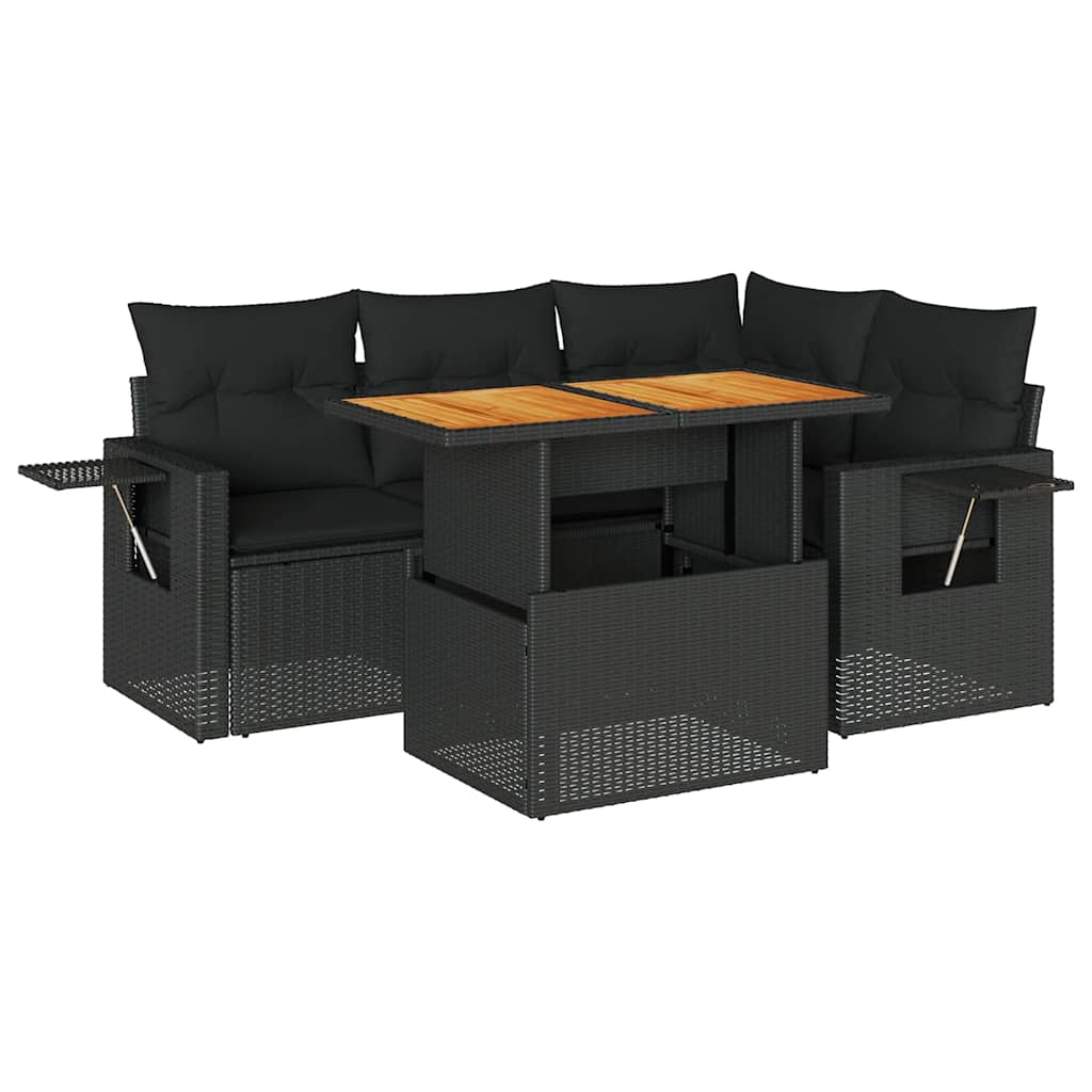 Salon de jardin 5 pcs avec coussins noir résine tressée