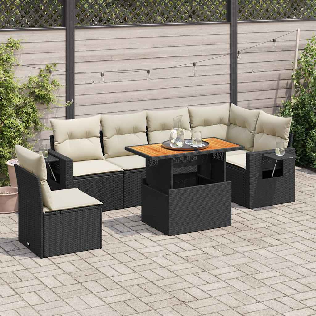 Salon de jardin 7 pcs avec coussins noir résine tressée