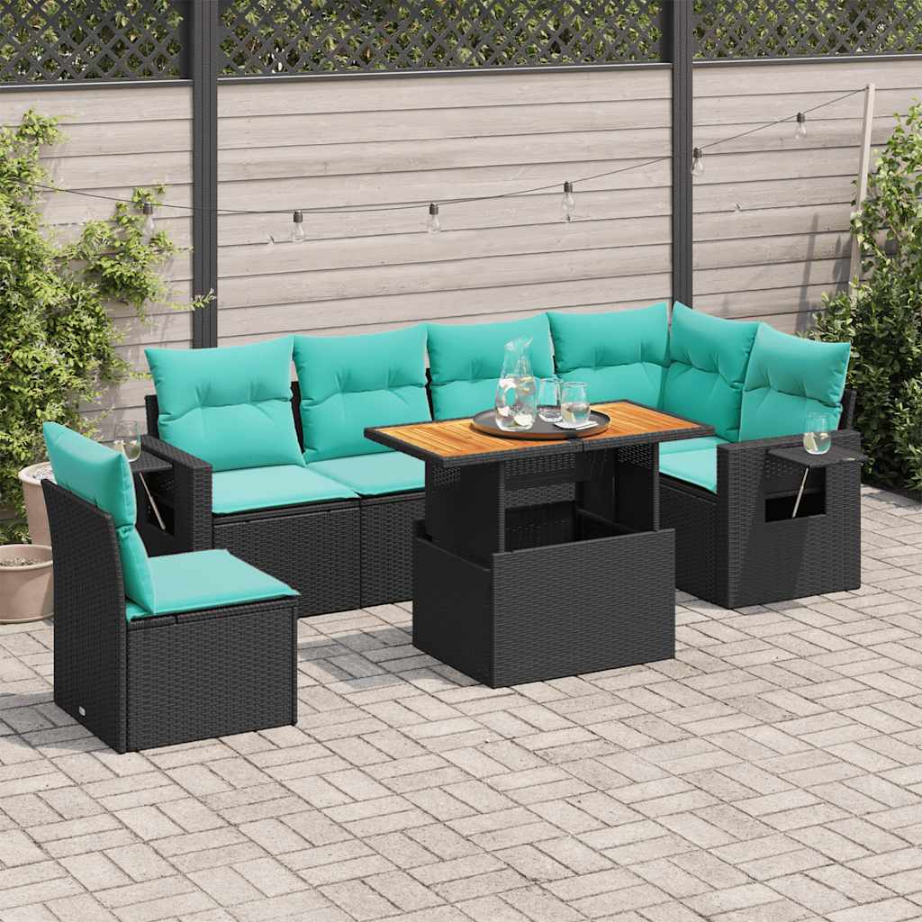 Salon de jardin 7 pcs avec coussins noir résine tressée