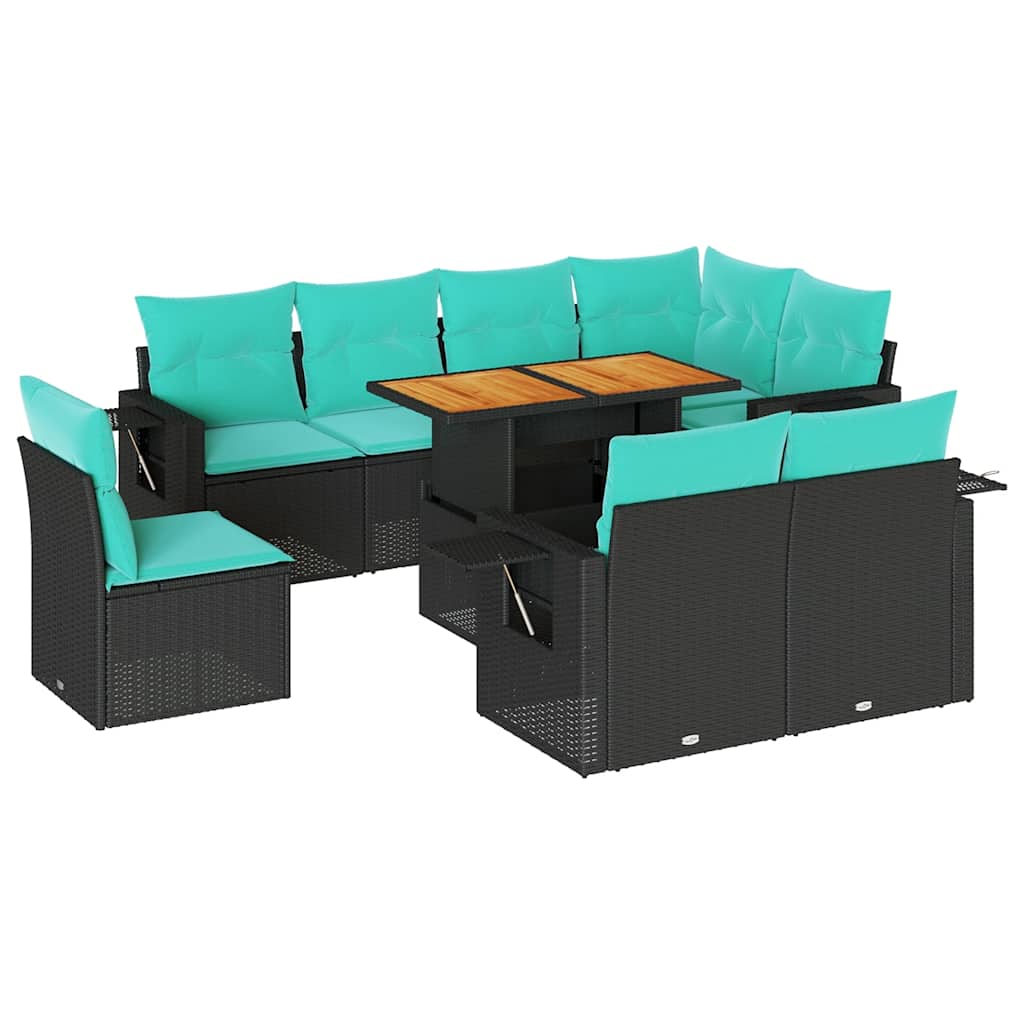 Salon de jardin 9 pcs avec coussins noir résine tressée