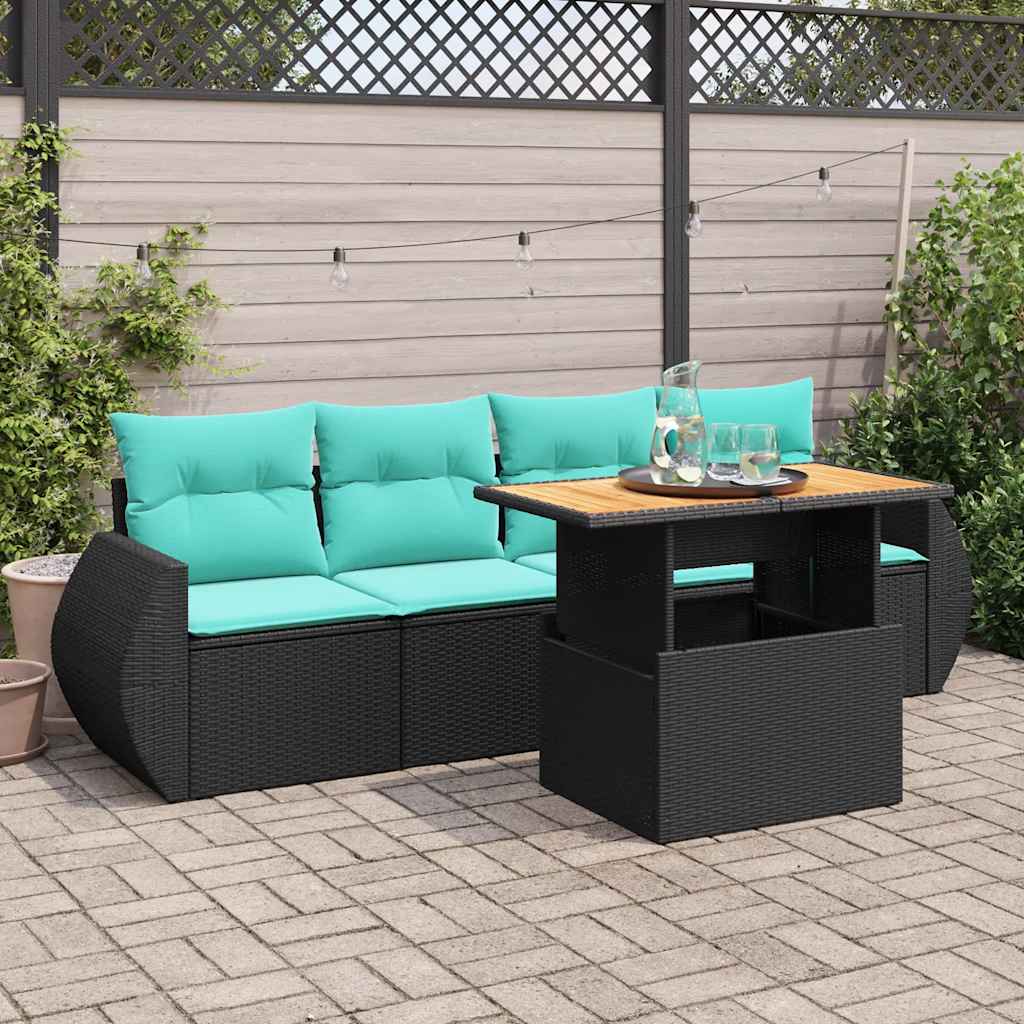 Salon de jardin 5 pcs avec coussins noir résine tressée