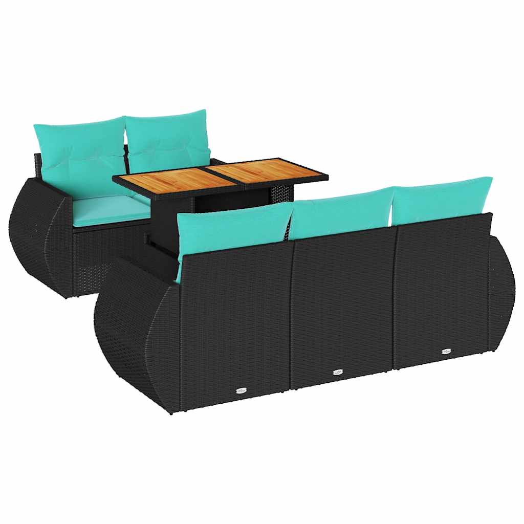 Salon de jardin 6 pcs avec coussins noir résine tressée