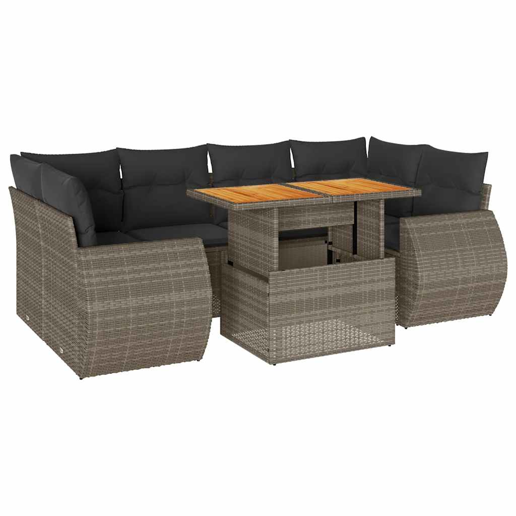 Salon de jardin avec coussins 7 pcs gris résine tressée