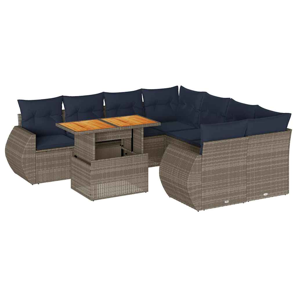 Salon de jardin 9 pcs avec coussins gris résine tressée