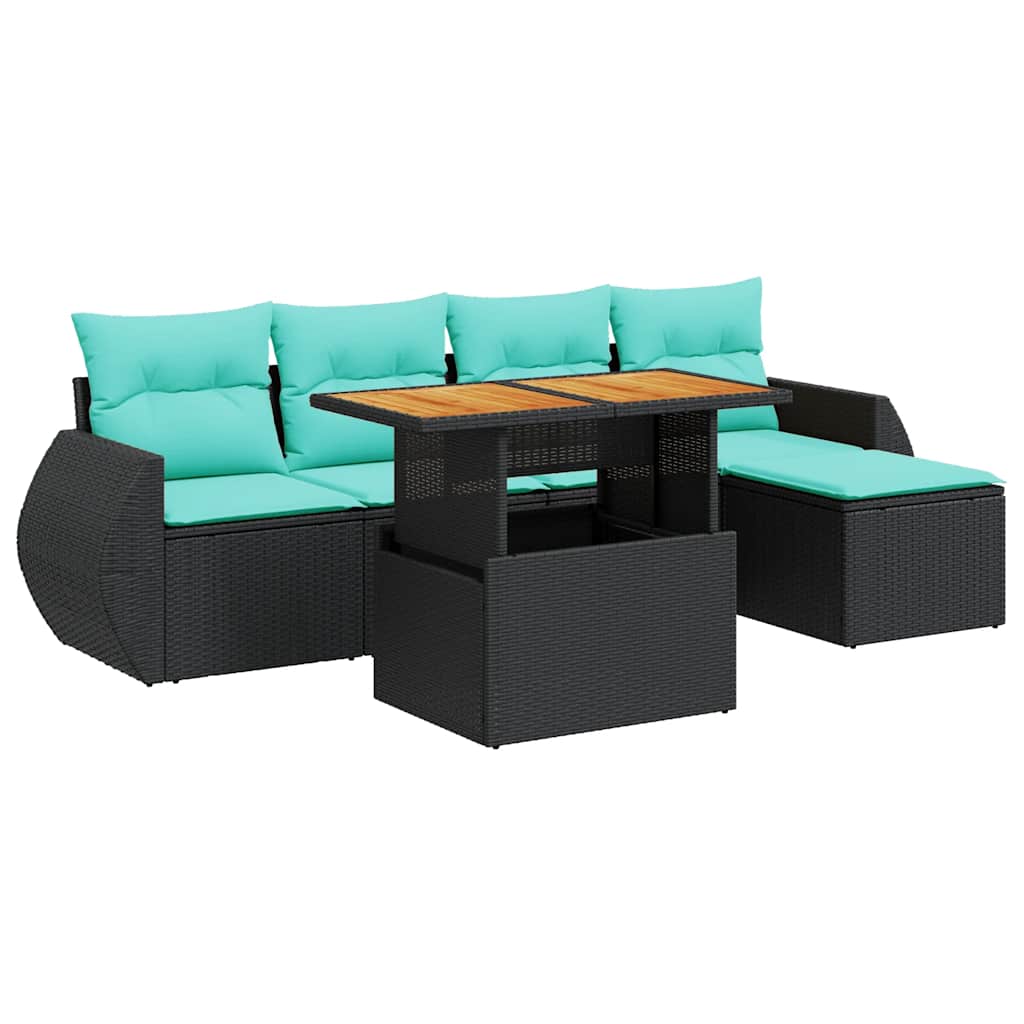 Salon de jardin 6 pcs avec coussins noir résine tressée