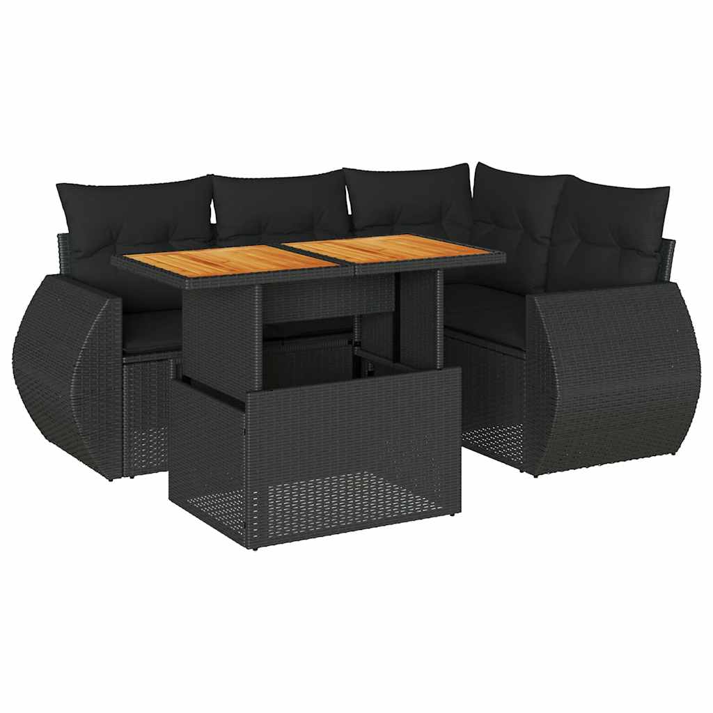 Salon de jardin 5 pcs avec coussins noir résine tressée