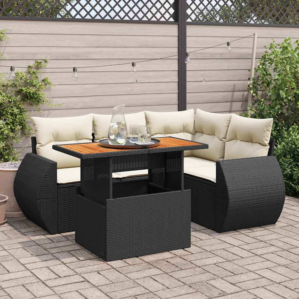 Salon de jardin 5 pcs avec coussins noir résine tressée