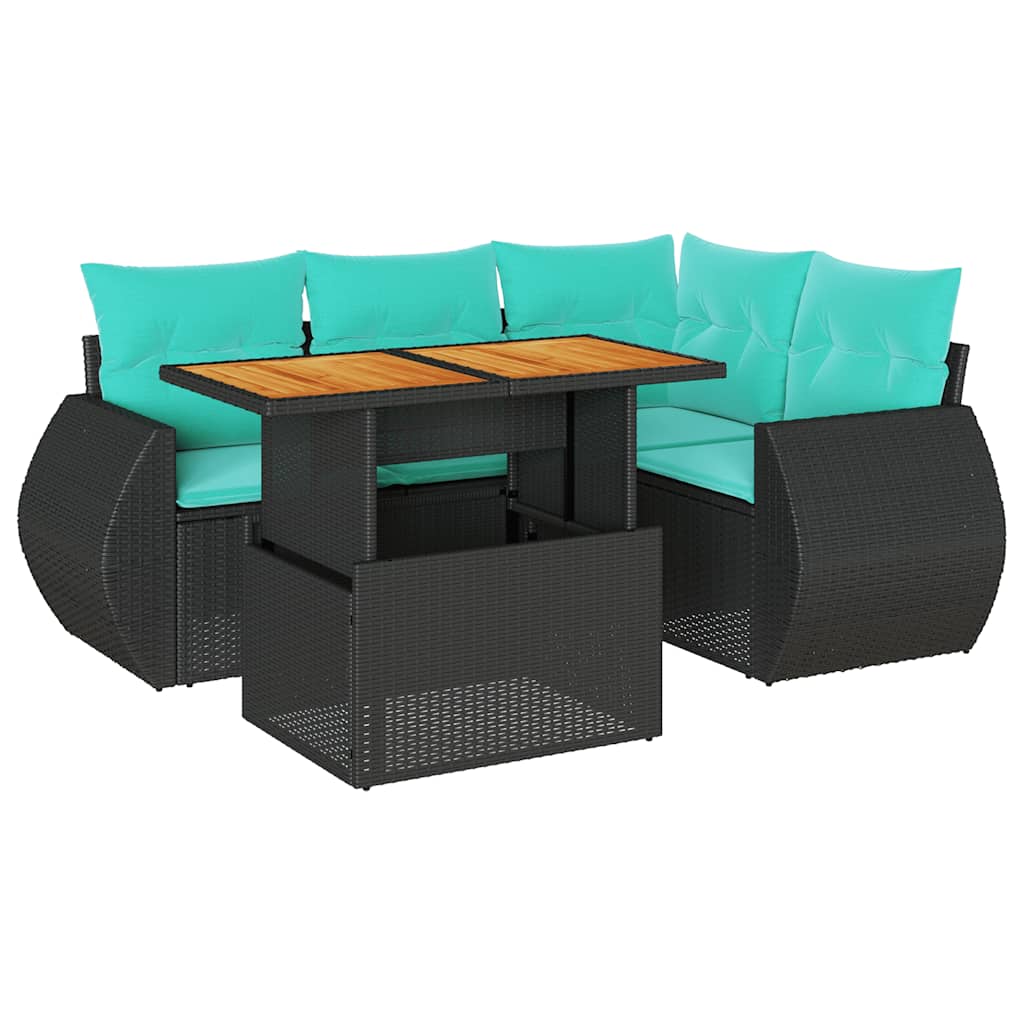 Salon de jardin 5 pcs avec coussins noir résine tressée