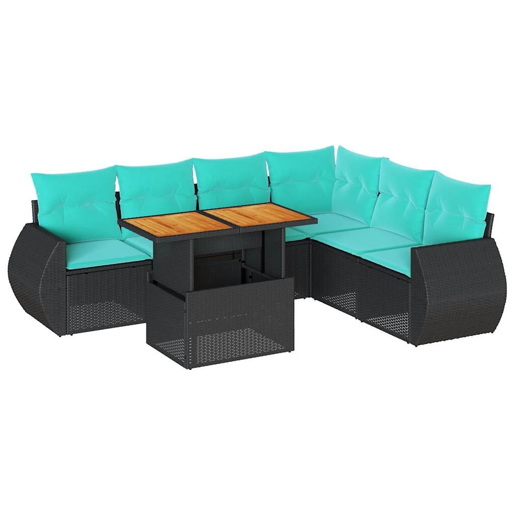 Salon de jardin 7 pcs avec coussins noir résine tressée