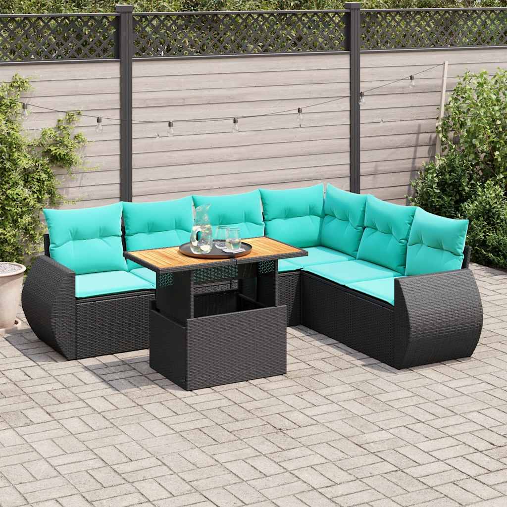 Salon de jardin 7 pcs avec coussins noir résine tressée