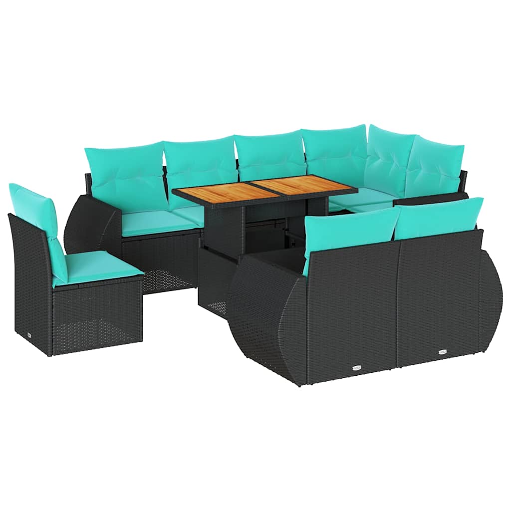 Salon de jardin 9 pcs avec coussins noir résine tressée