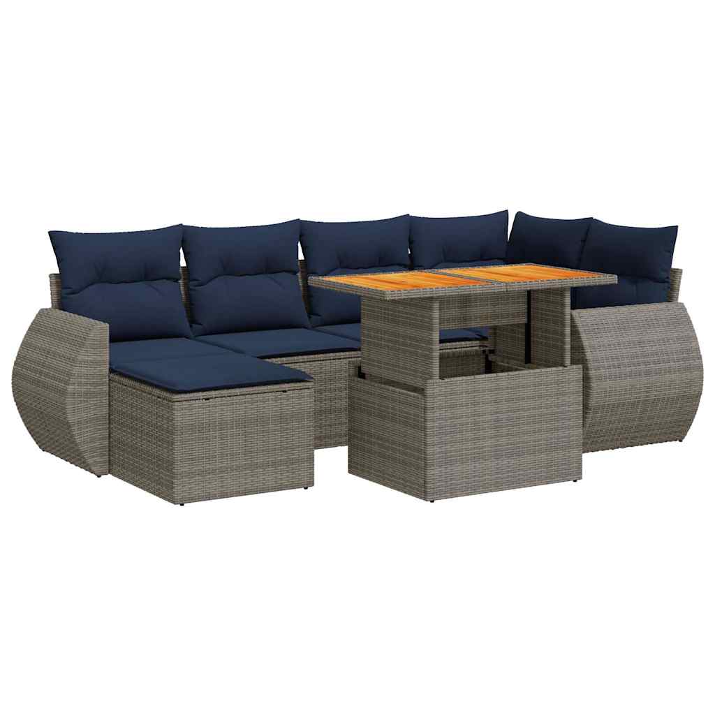 Salon de jardin avec coussins 7 pcs gris résine tressée