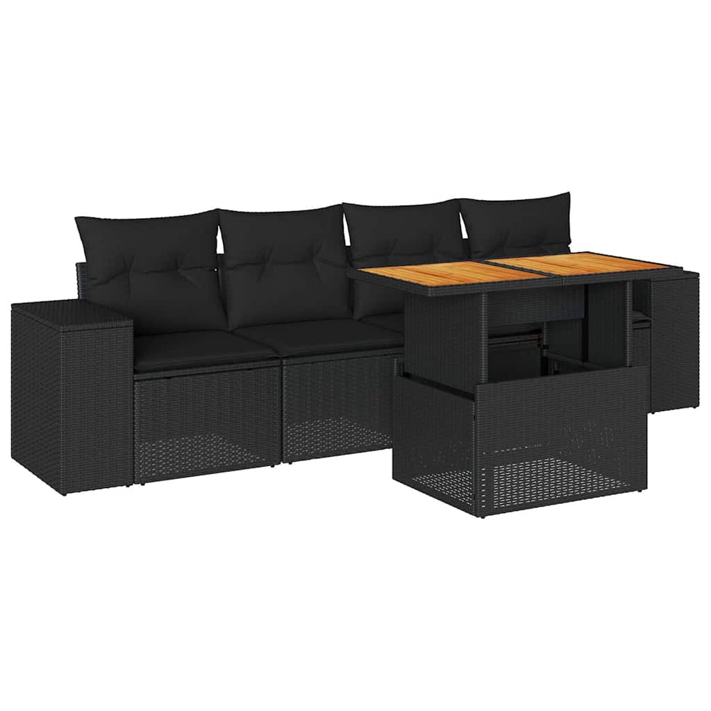 Salon de jardin 5 pcs avec coussins noir résine tressée
