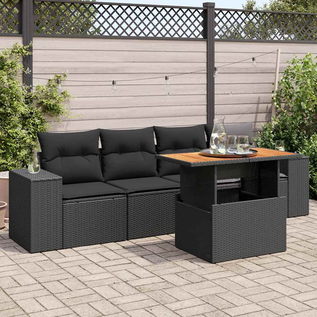 Salon de jardin 5 pcs avec coussins noir résine tressée