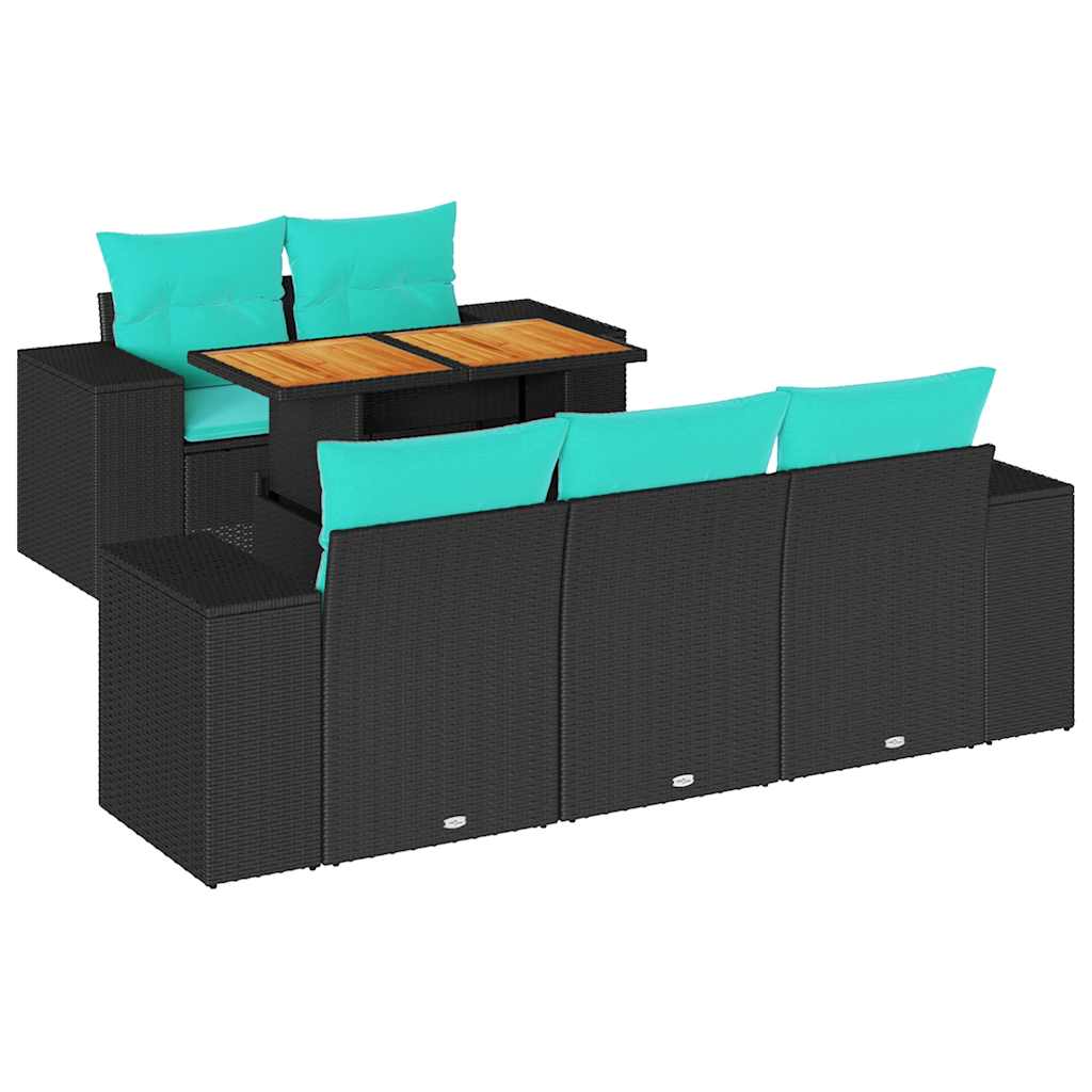 Salon de jardin 6 pcs avec coussins noir résine tressée