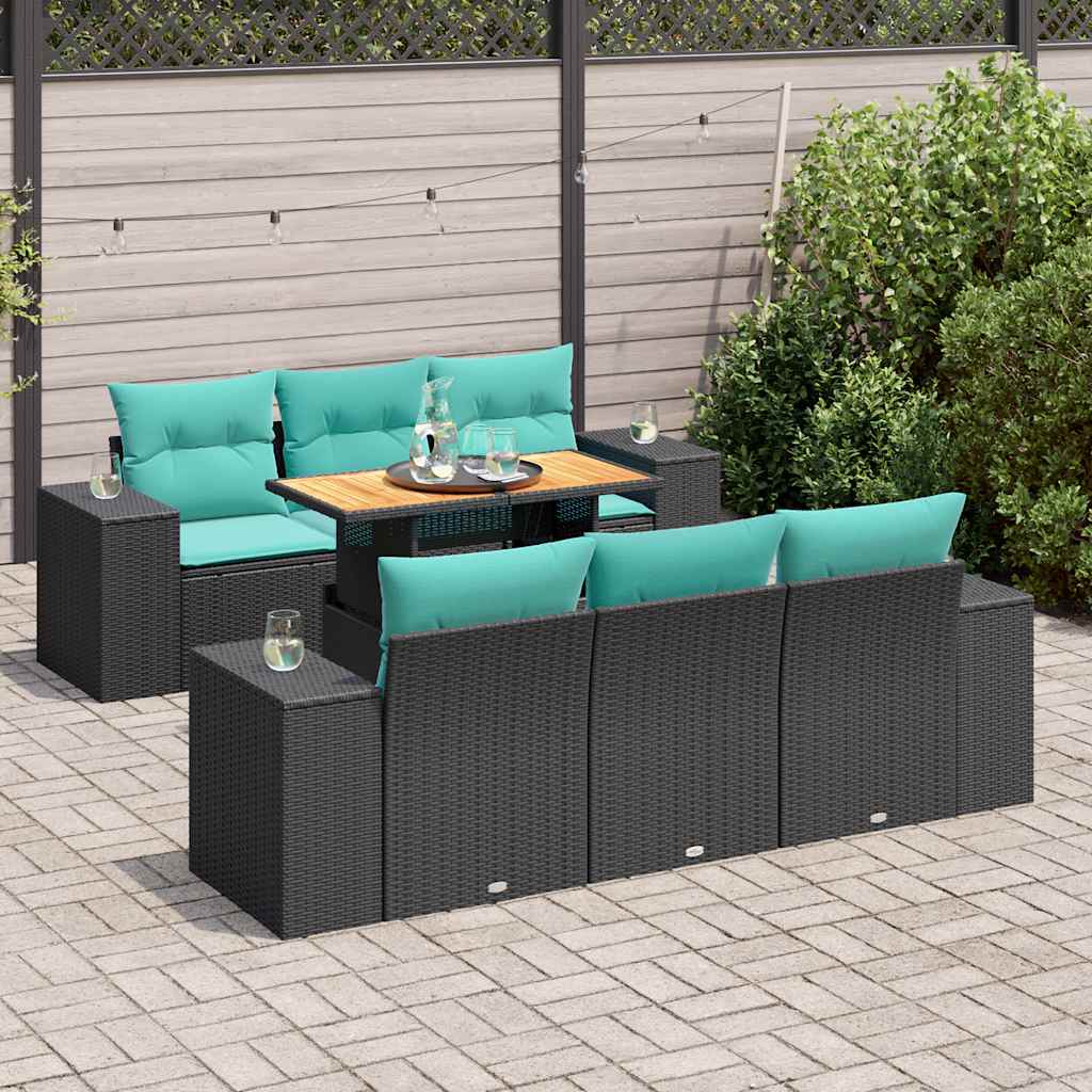 Salon de jardin 7 pcs avec coussins noir résine tressée