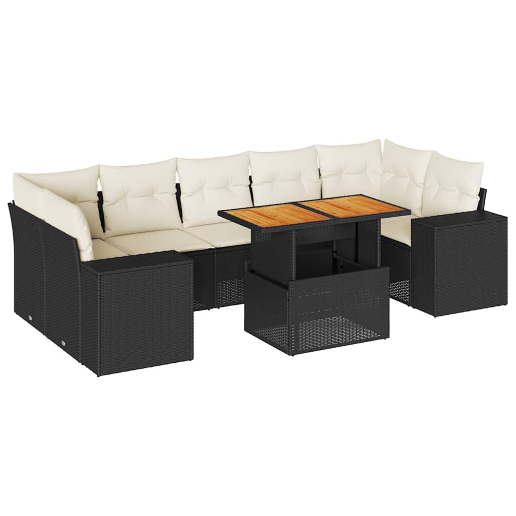 Salon de jardin 8 pcs avec coussins noir résine tressée