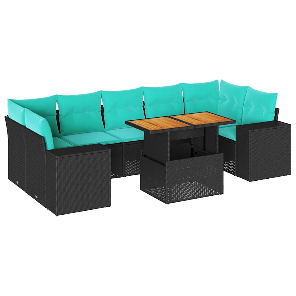 Salon de jardin 8 pcs avec coussins noir résine tressée