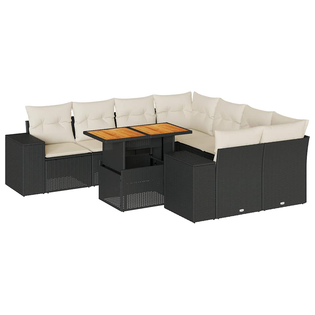 Salon de jardin 9 pcs avec coussins noir résine tressée