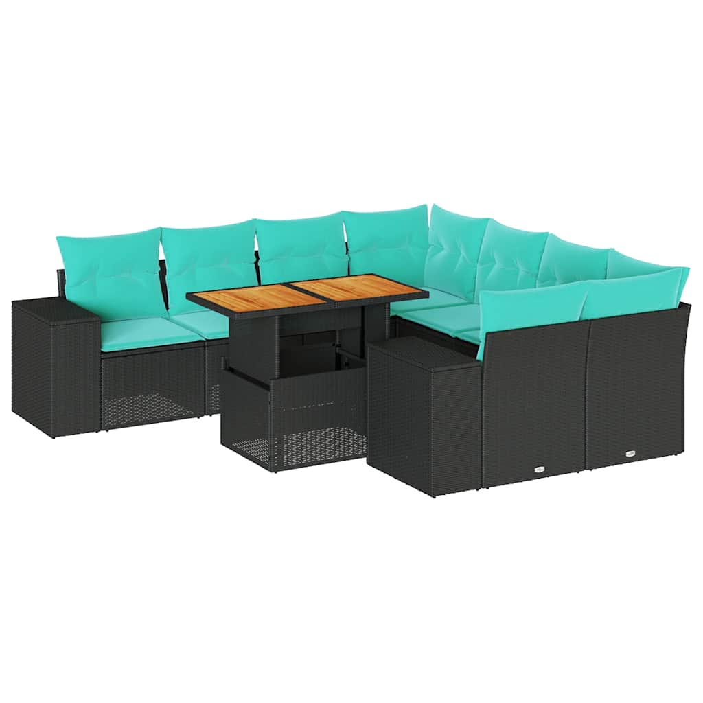 Salon de jardin 9 pcs avec coussins noir résine tressée