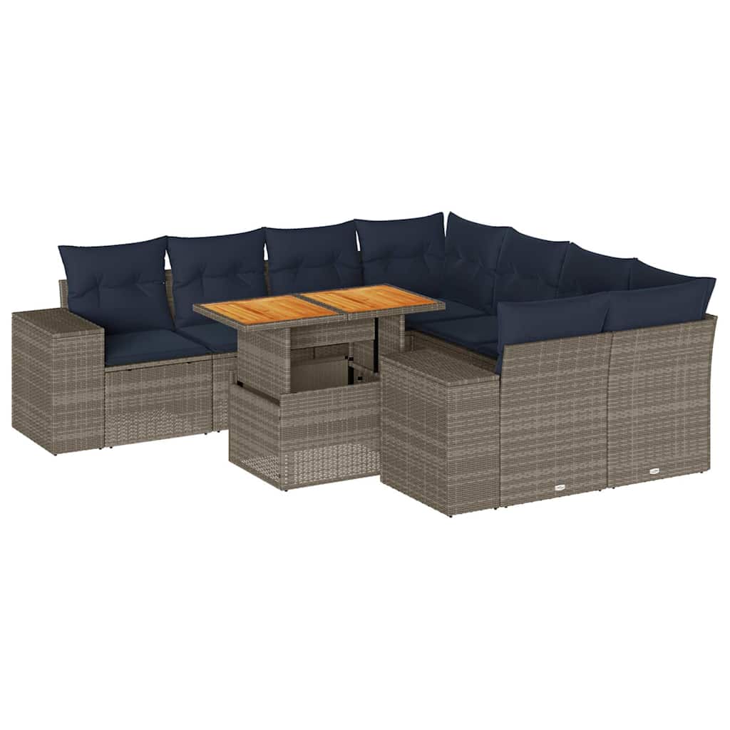 Salon de jardin 9 pcs avec coussins gris résine tressée