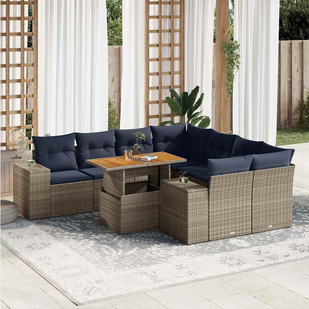 Salon de jardin 9 pcs avec coussins gris résine tressée