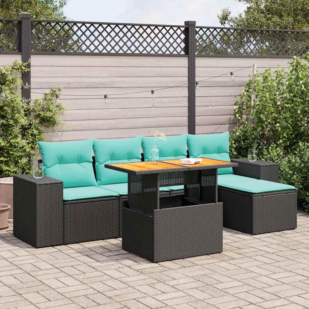 Salon de jardin 6 pcs avec coussins noir résine tressée