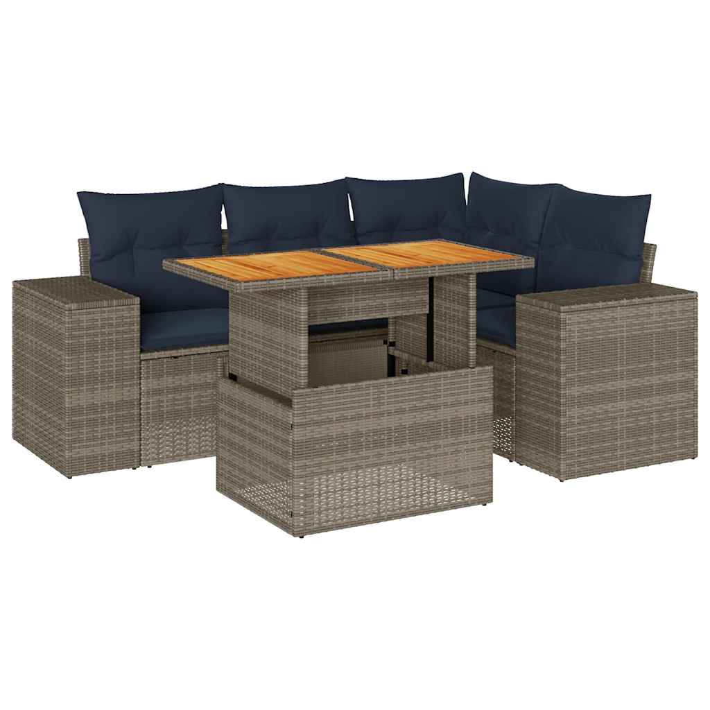 Salon de jardin 5 pcs avec coussins gris résine tressée
