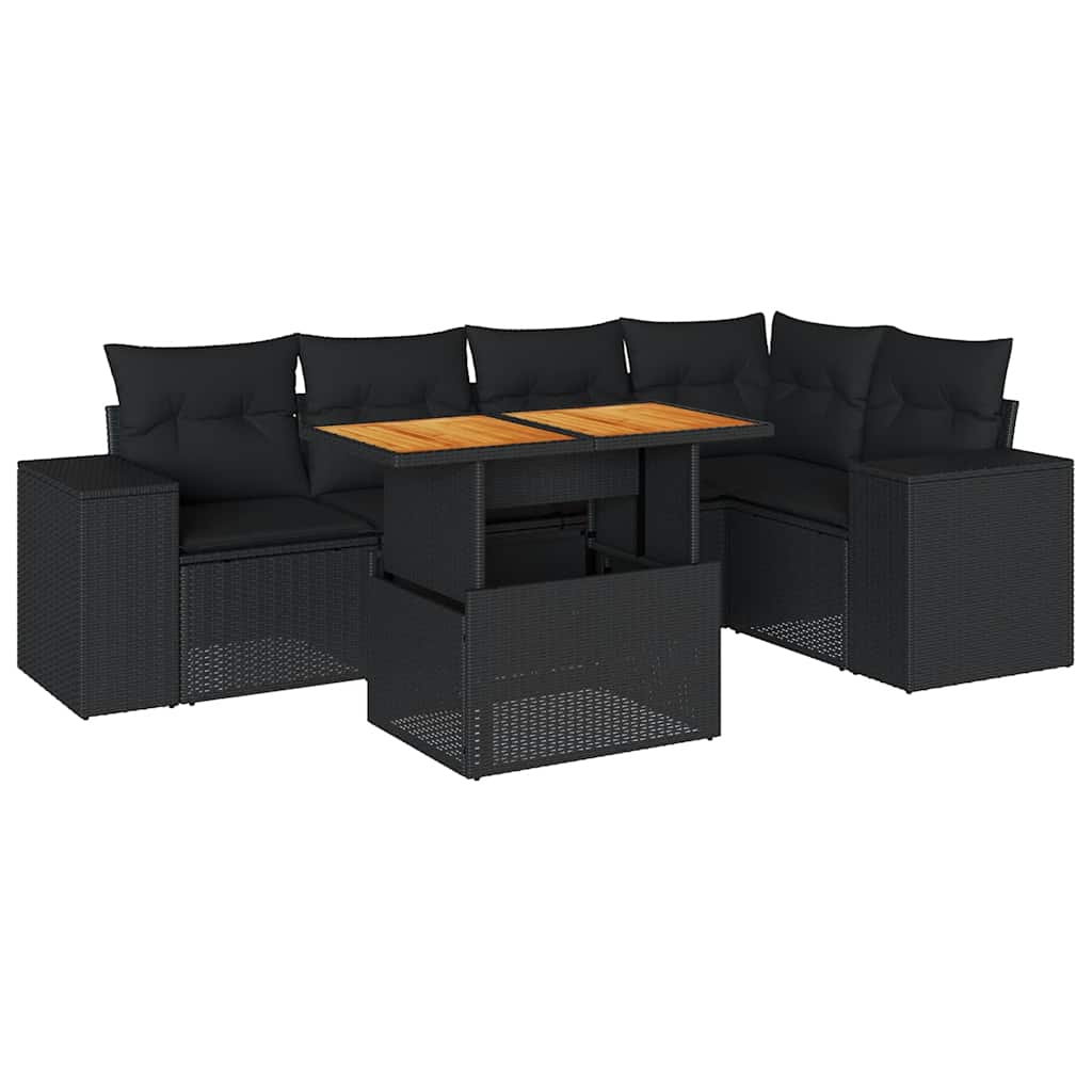 Salon de jardin 6 pcs avec coussins noir résine tressée