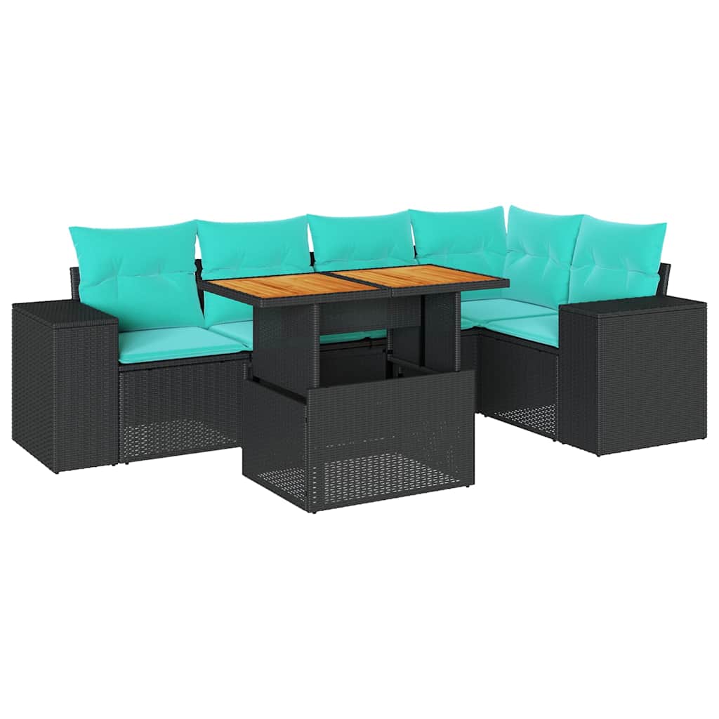 Salon de jardin 6 pcs avec coussins noir résine tressée