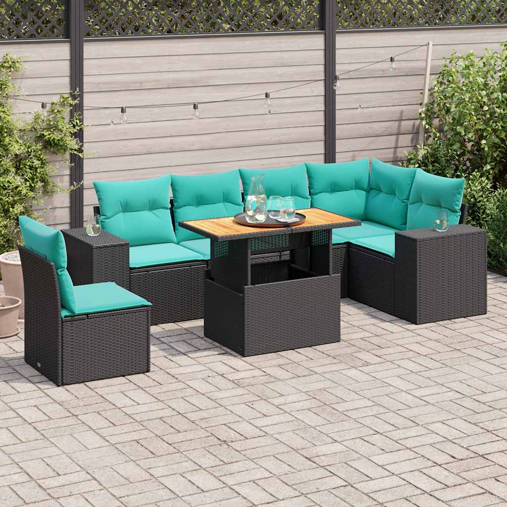 Salon de jardin 7 pcs avec coussins noir résine tressée