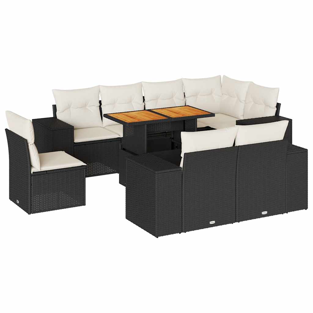 Salon de jardin 9 pcs avec coussins noir résine tressée
