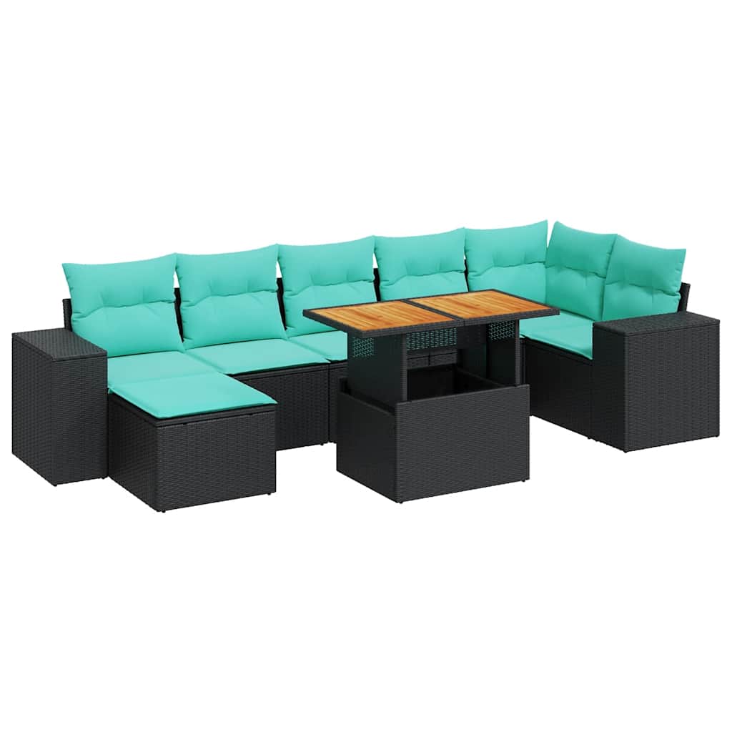 Salon de jardin 8 pcs avec coussins noir résine tressée