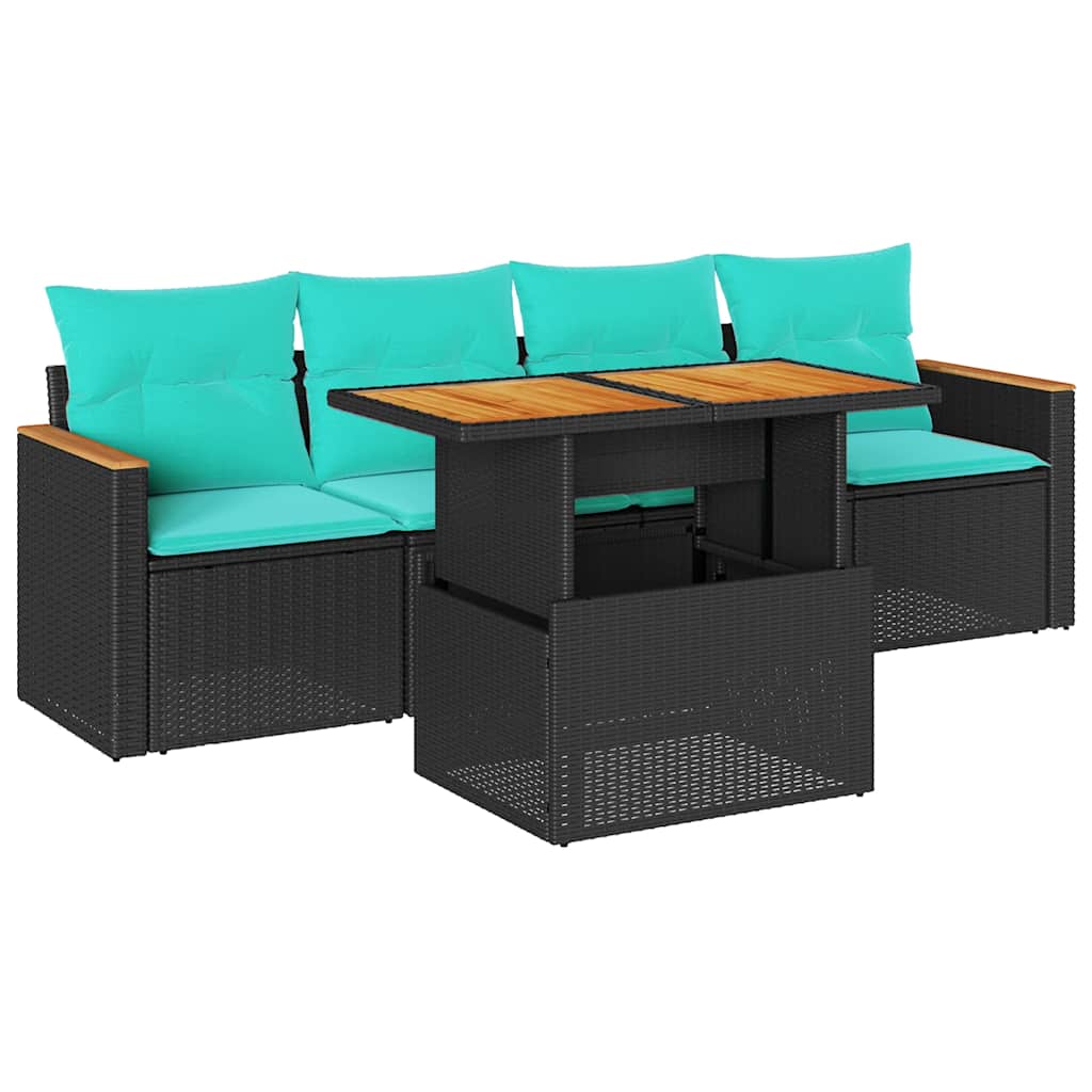 Salon de jardin 5 pcs avec coussins noir résine tressée