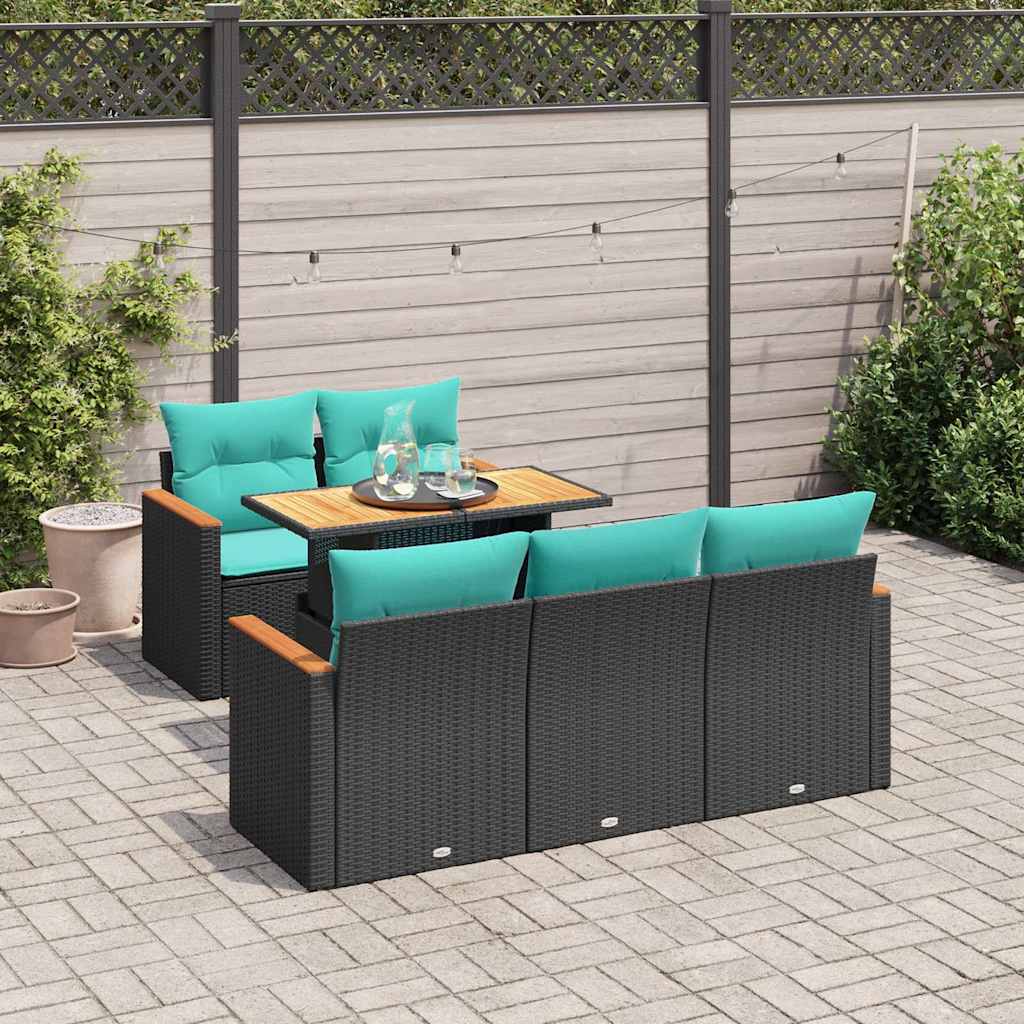 Salon de jardin 6 pcs avec coussins noir résine tressée